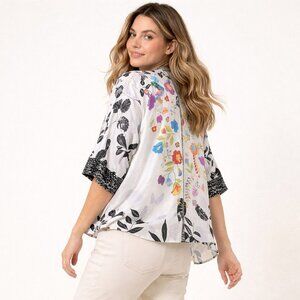 John Mark Embroidered Open-Front Kimono Top “Roast & Roost” Wearable Art Boho